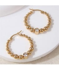 Rhinestone Engraved Golden Balls Hoop Wholesale Women Stainless Steel Huggie Earrings