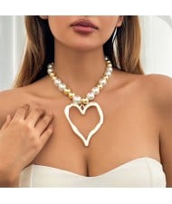 Vintage Style Big Heart Pendant Wholesale Fashion Pearl and Silver Color Beads Combo Women Necklace - Golden