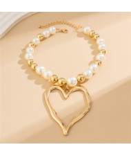 Vintage Style Big Heart Pendant Wholesale Fashion Pearl and Silver Color Beads Combo Women Necklace - Golden