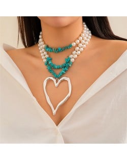 Vintage Style Big Heart Pendant Wholesale Fashion Pearl Turquoise Beaded Necklace - Silver