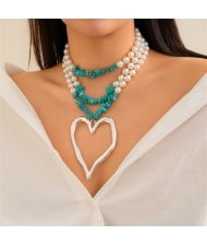 Vintage Style Big Heart Pendant Wholesale Fashion Pearl Turquoise Beaded Necklace - Silver