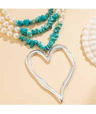 Vintage Style Big Heart Pendant Wholesale Fashion Pearl Turquoise Beaded Necklace - Silver