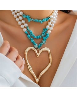 Vintage Style Big Heart Pendant Wholesale Fashion Pearl Turquoise Beaded Necklace - Golden