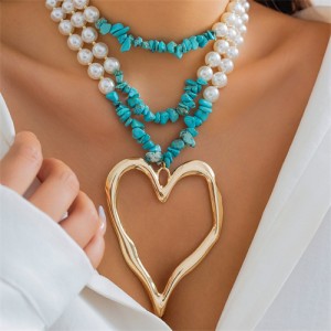 Vintage Style Big Heart Pendant Wholesale Fashion Pearl Turquoise Beaded Necklace - Golden