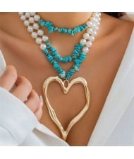 Vintage Style Big Heart Pendant Wholesale Fashion Pearl Turquoise Beaded Necklace - Golden