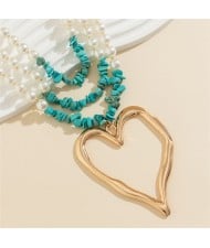 Vintage Style Big Heart Pendant Wholesale Fashion Pearl Turquoise Beaded Necklace - Golden