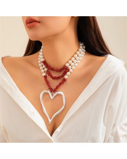 Vintage Style Big Heart Pendant Wholesale Fashion Pearl Red Stone Beaded Necklace - Silver