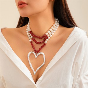 Vintage Style Big Heart Pendant Wholesale Fashion Pearl Red Stone Beaded Necklace - Silver