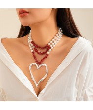 Vintage Style Big Heart Pendant Wholesale Fashion Pearl Red Stone Beaded Necklace - Silver