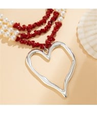 Vintage Style Big Heart Pendant Wholesale Fashion Pearl Red Stone Beaded Necklace - Silver