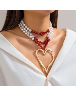 Vintage Style Big Heart Pendant Wholesale Fashion Pearl Red Stone Beaded Necklace - Golden