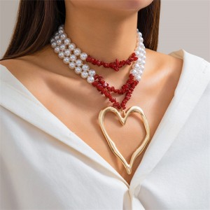 Vintage Style Big Heart Pendant Wholesale Fashion Pearl Red Stone Beaded Necklace - Golden
