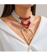 Vintage Style Big Heart Pendant Wholesale Fashion Pearl Red Stone Beaded Necklace - Golden