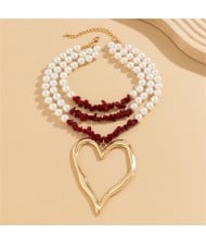 Vintage Style Big Heart Pendant Wholesale Fashion Pearl Red Stone Beaded Necklace - Golden