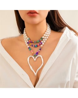 Vintage Style Big Heart Shape Pendant Wholesale Fashion Pearl Colorful Gravel Beaded Necklace - Silver