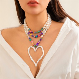 Vintage Style Big Heart Shape Pendant Wholesale Fashion Pearl Colorful Gravel Beaded Necklace - Silver