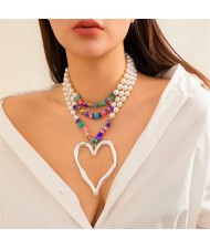 Vintage Style Big Heart Shape Pendant Wholesale Fashion Pearl Colorful Gravel Beaded Necklace - Silver