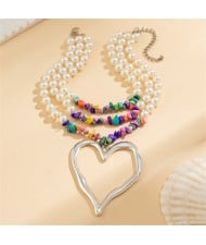 Vintage Style Big Heart Shape Pendant Wholesale Fashion Pearl Colorful Gravel Beaded Necklace - Silver
