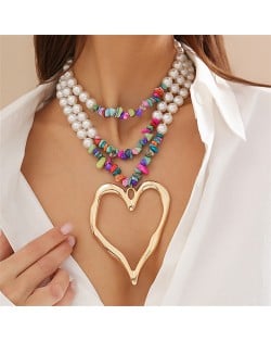 Vintage Style Big Heart Shape Pendant Wholesale Fashion Pearl Colorful Gravel Beaded Necklace - Golden