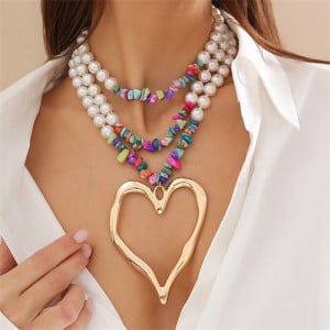 Vintage Style Big Heart Shape Pendant Wholesale Fashion Pearl Colorful Gravel Beaded Necklace - Golden