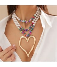 Vintage Style Big Heart Shape Pendant Wholesale Fashion Pearl Colorful Gravel Beaded Necklace - Golden