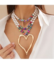 Vintage Style Big Heart Shape Pendant Wholesale Fashion Pearl Colorful Gravel Beaded Necklace - Golden