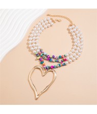 Vintage Style Big Heart Shape Pendant Wholesale Fashion Pearl Colorful Gravel Beaded Necklace - Golden