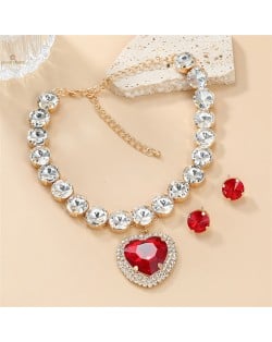 Romantic French Style Peach Heart Pendant Full Rhinestone Wholesale Fashion Women Necklace Earrings Jewelry Set for Party - Red