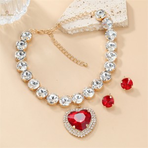 Romantic French Style Peach Heart Pendant Full Rhinestone Wholesale Fashion Women Necklace Earrings Jewelry Set for Party - Red