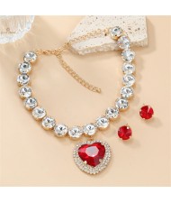 Romantic French Style Peach Heart Pendant Full Rhinestone Wholesale Fashion Women Necklace Earrings Jewelry Set for Party - Red