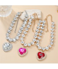 Romantic French Style Peach Heart Pendant Full Rhinestone Wholesale Fashion Women Necklace Earrings Jewelry Set for Party - Red
