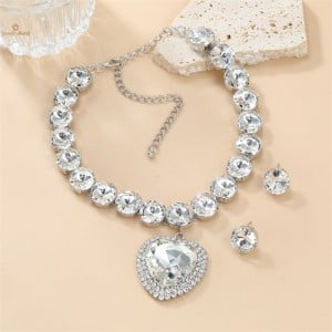 French Style Peach Heart Pendant Full Rhinestone Wholesale Fashion Women Necklace Earrings Jewelry Set for Party - White