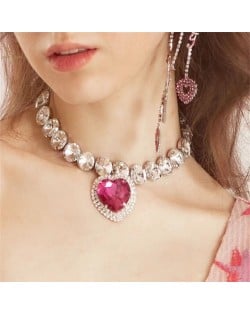 French Style Peach Heart Pendant Full Rhinestone Wholesale Fashion Women Necklace Earrings Jewelry Set for Party - Rose