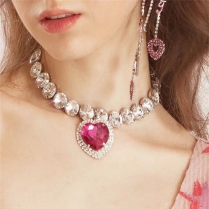 French Style Peach Heart Pendant Full Rhinestone Wholesale Fashion Women Necklace Earrings Jewelry Set for Party - Rose