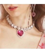 French Style Peach Heart Pendant Full Rhinestone Wholesale Fashion Women Necklace Earrings Jewelry Set for Party - Rose