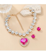 French Style Peach Heart Pendant Full Rhinestone Wholesale Fashion Women Necklace Earrings Jewelry Set for Party - Rose