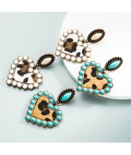 High Fashion Leopard Peach Heart Shape with Turquoise Vintage Wholesale Women Dangle Costume Earrings - White