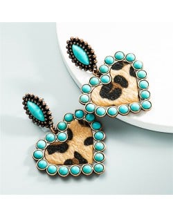 High Fashion Leopard Peach Heart Shape with Turquoise Vintage Wholesale Women Dangle Costume Earrings - Blue