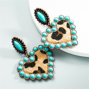 High Fashion Leopard Peach Heart Shape with Turquoise Vintage Wholesale Women Dangle Costume Earrings - Blue