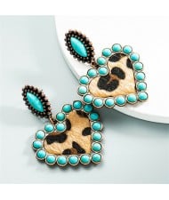 High Fashion Leopard Peach Heart Shape with Turquoise Vintage Wholesale Women Dangle Costume Earrings - Blue