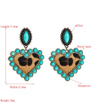 High Fashion Leopard Peach Heart Shape with Turquoise Vintage Wholesale Women Dangle Costume Earrings - Blue