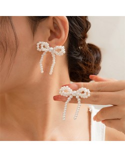 Fashion Sweet French Style Wholesale Popular Women Elegant Pearl Bow Earrings