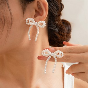 Fashion Sweet French Style Wholesale Popular Women Elegant Pearl Bow Earrings