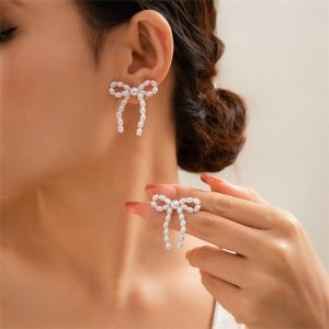Fashion Sweet Romantic French Style Wholesale Popular Women Elegant Pearl Bow Earrings