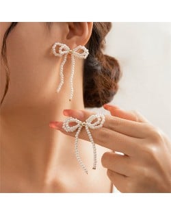 Fashion Sweet Romantic French Style Wholesale Popular Women Elegant White Pearl Bow Earrings