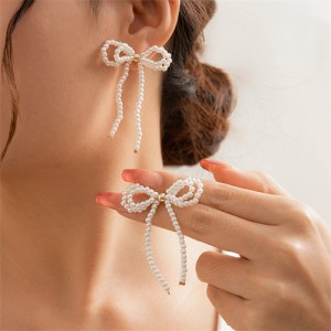 Fashion Sweet Romantic French Style Wholesale Popular Women Elegant White Pearl Bow Earrings