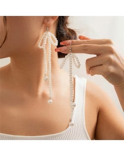 Fashion Sweet Romantic French Style Wholesale Popular Women Elegant Long Design Dangle Pearl Bow Earrings