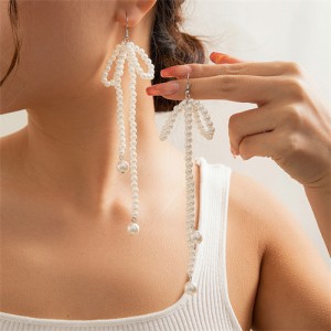 Fashion Sweet Romantic French Style Wholesale Popular Women Elegant Long Design Dangle Pearl Bow Earrings