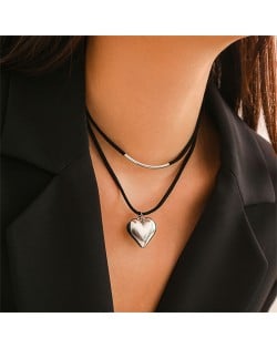 Business Style Black Rope with Peach Heart Pendant Wholesale Fashion Office Lady Choker Necklace - Silver