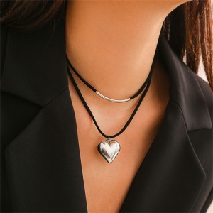 Business Style Black Rope with Peach Heart Pendant Wholesale Fashion Office Lady Choker Necklace - Silver